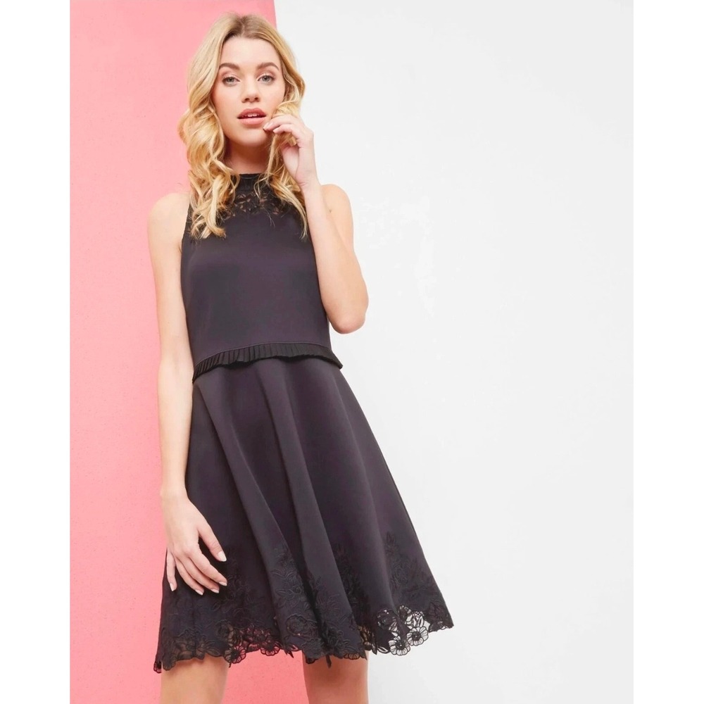 Ted Baker London Black Lace Trim Fit and Flare Mini Dress Pockets Sleeveless